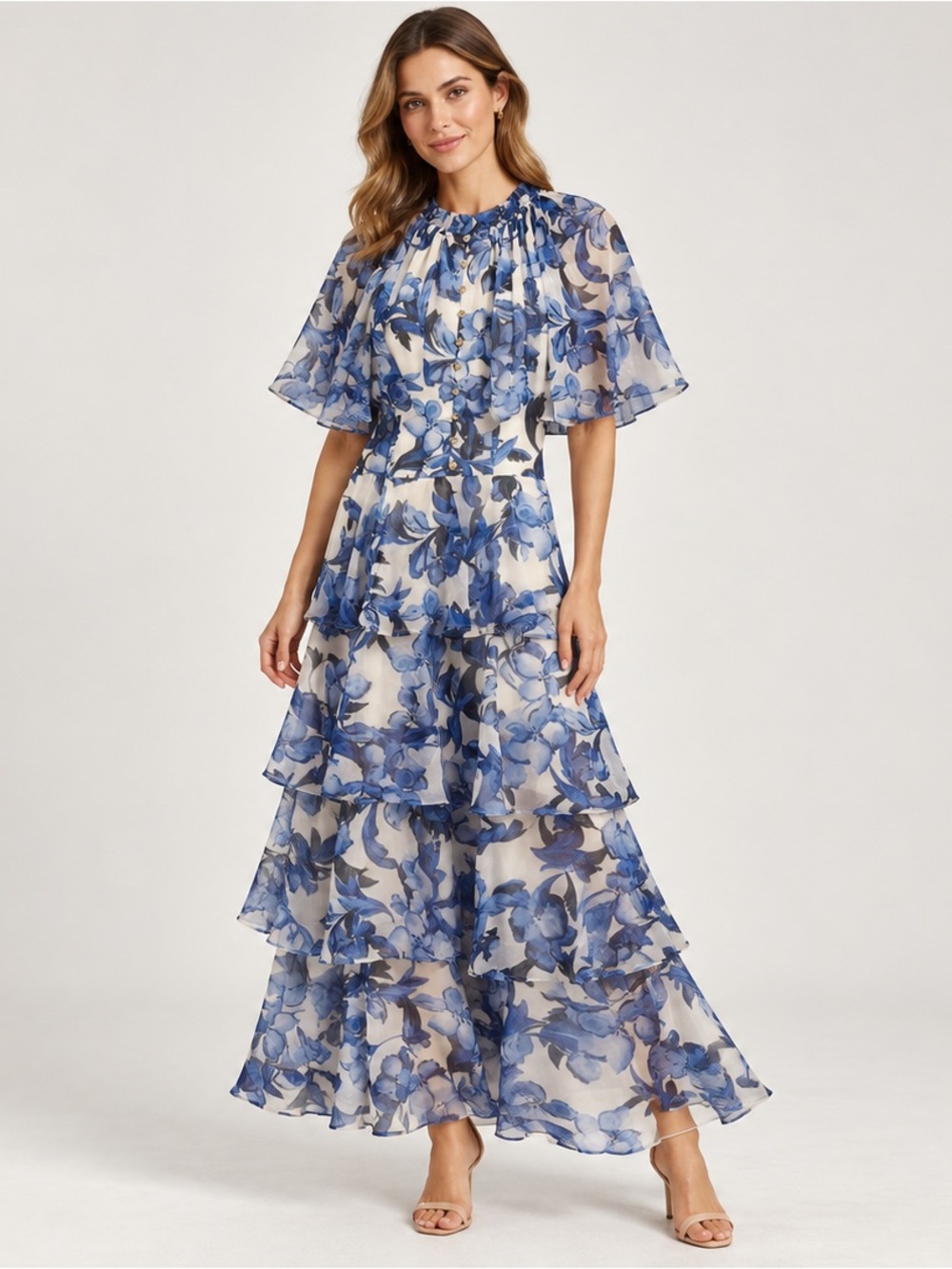 Few Moda O.P.T. Keval Blue Sheer Flutter Sleeve floral Tiered Maxi Dress Size S